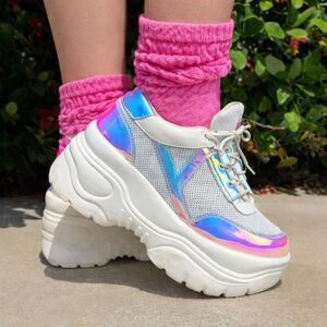 YRU Cosmic Matrixx Platform Sneakers Womens 6 White Holographic Chunky Rave 90s